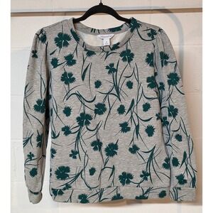 Liz Claiborne Womens M Gray Green Floral Long Sleeve Sweatshirt Pullover Top